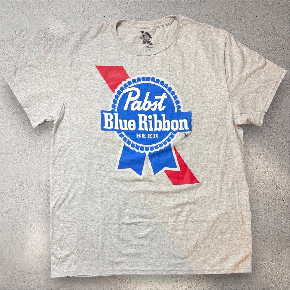 Pabst Blue Ribbon PBR Beer Graphic T-Shirt Mens Large Gray Short Sleeve Logo Tee